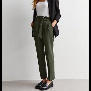RW&CO PaperBag Olive Green Pleated Straight Leg Belted Trousers